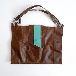 Beth Springer Brown Teal Leather Tote Shoulder Bag